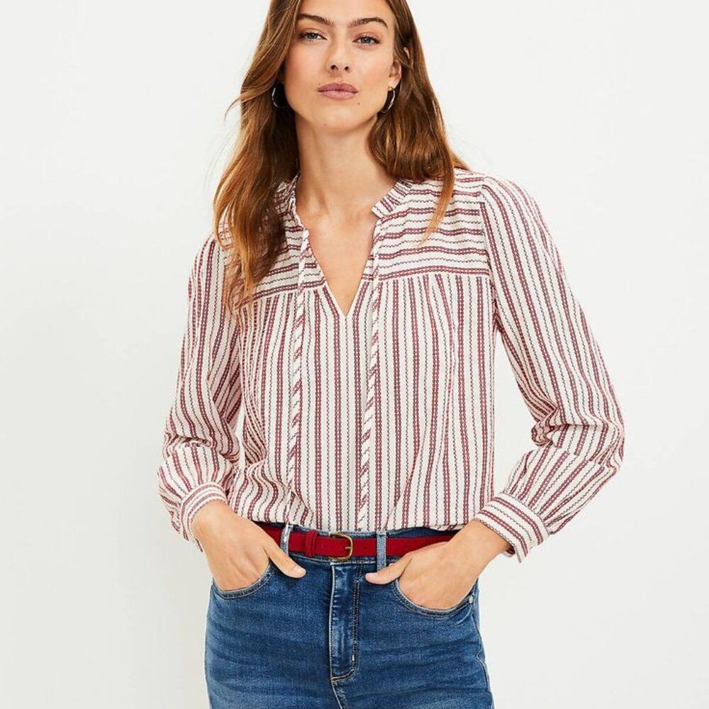 LOFT Striped Ruffle Tie V Neck Blouse Red White Nautical Cottage Size XL
